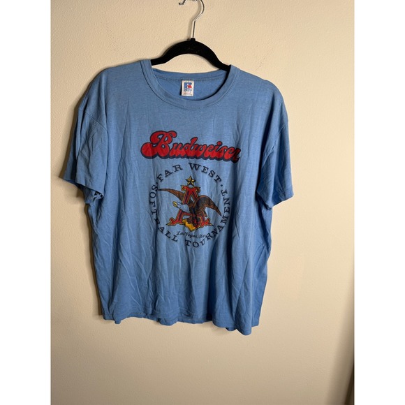 Vintage Men's XL Blue Budweiser Far West Softball Tournament Las Vegas T Shirt - Picture 1 of 4